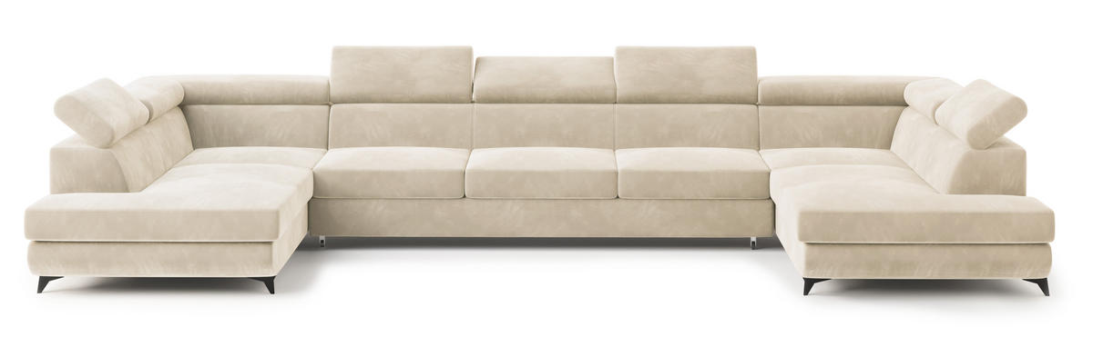 WOHNLANDSCHAFT URMANO Creme Velours-Stoff mit Schlaffunktion - Creme, Holz (395/89/190cm) - MASSENO