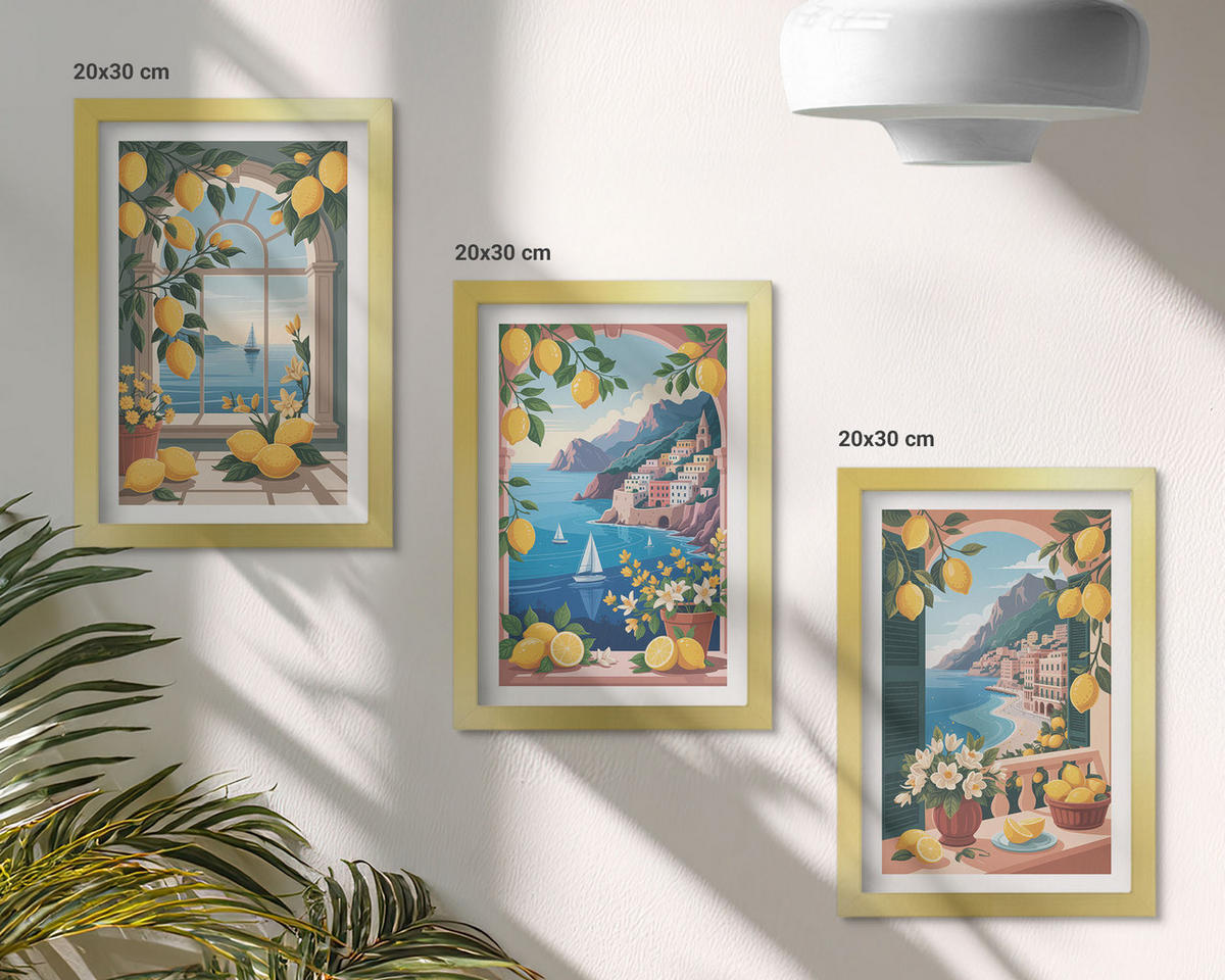 BILDER SET 3er Set - 20x30 cm Goldrahmen - Meerblick, italienische Zitronen - Goldfarben, Kunststoff (20/30cm) - TULUP