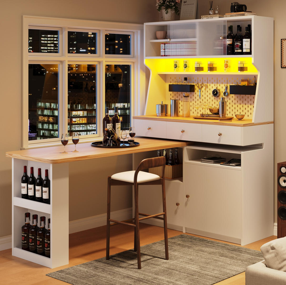 BUFFET 137/45/178 cm aus MDF mit ausziehbarer Tischplatte und LED-Beleuchtung Weiß - Weiß, Holzwerkstoff (137/178/45cm) - Modenvie