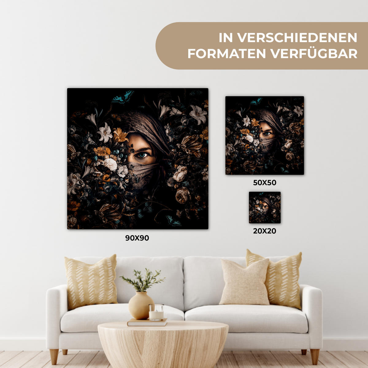 LEINWANDBILD Frau - Luxus - Blumen - Schmetterling - Porträt 20x20 cm - Schwarz, Textil (20/20cm) - MuchoWow