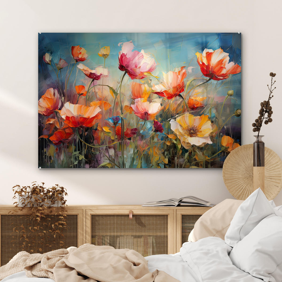 ACRYLGLASBILD Blumen - Aquarell - Kunst - Botanisch - Natur 90x60 cm - Orange, Glas (90/60cm) - MuchoWow
