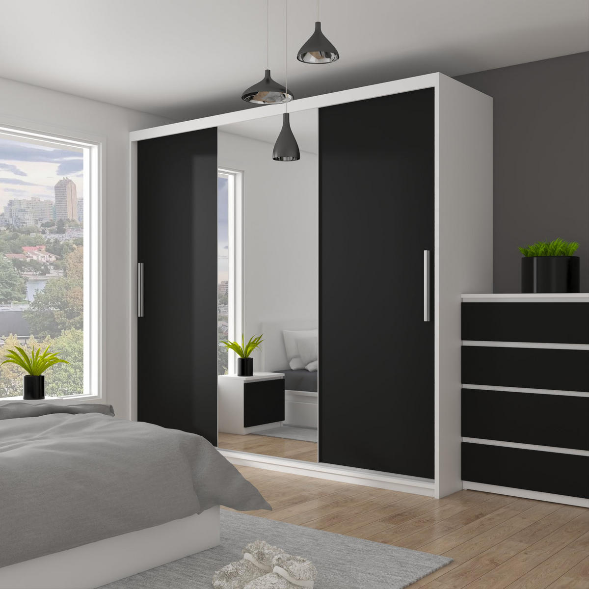 SCHWEBETÜRENSCHRANK Verona ME, Weiß/Schwarz Matt, 232 cm, mit Spiegel - Schwarz, Holz (232/216/60cm) - B BELINI GROUP