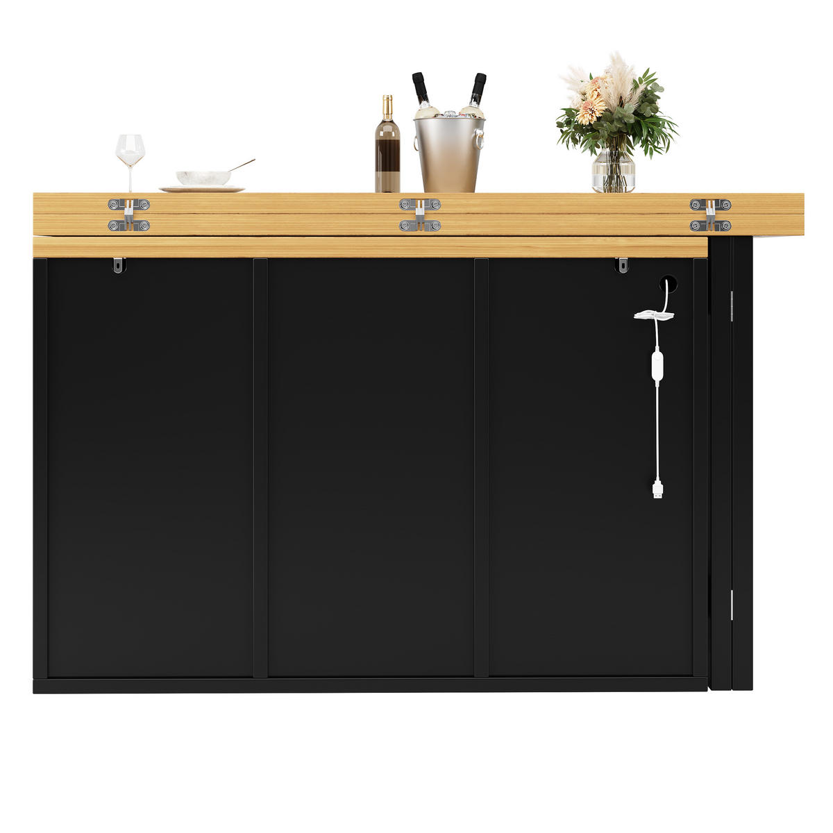 KÜCHENINSEL-ESSTISCH Schwarz 120–197×40×73,8 cm mit 360° drehbarer Tischplatte, RGB-LED, Glastüren & 4 Schubladen aus Holzwerkstoff und Metall - Schwarz, Holzwerkstoff (120/73.8/40cm) - Luhomfu