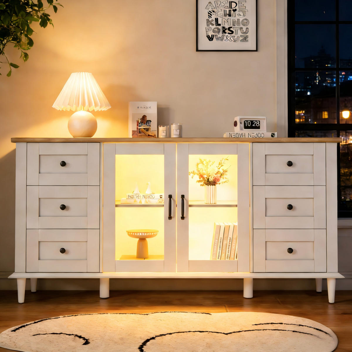 SIDEBOARD 150/40/75 cm mit 2 Acryltüren, 6 Schubladen & LED in Weiß/Holzoptik - Weiß, Holzwerkstoff (150/75/40cm) - BEAOK