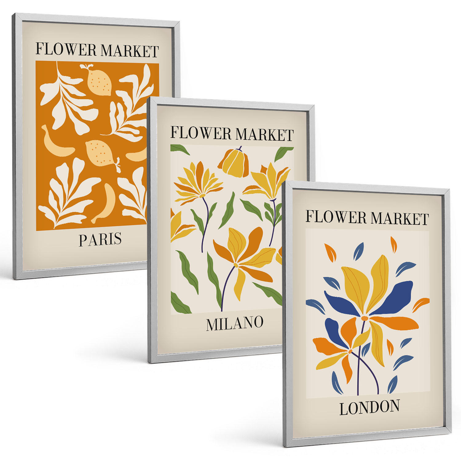 BILDER SET 3er Set - 40x60 cm Silberner Rahmen - Blumenposter Paris Mailand London - Silberfarben, Kunststoff (40/60cm) - TULUP