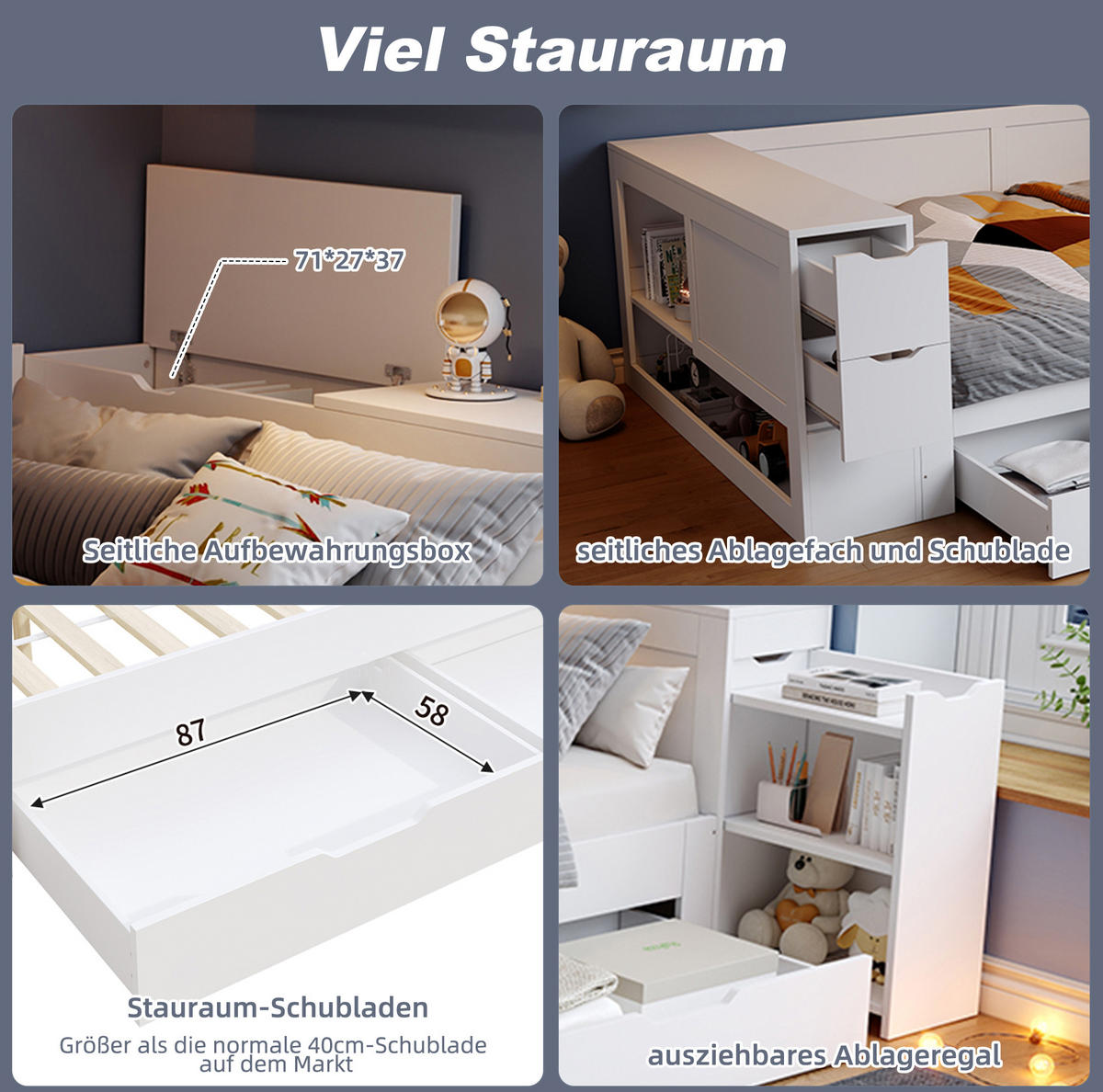 KINDERBETT 140/200 cm aus MDF mit Stauraum Nachttisch und Lattenrost Weiß - Weiß, Holzwerkstoff (140/200cm) - Modenvie