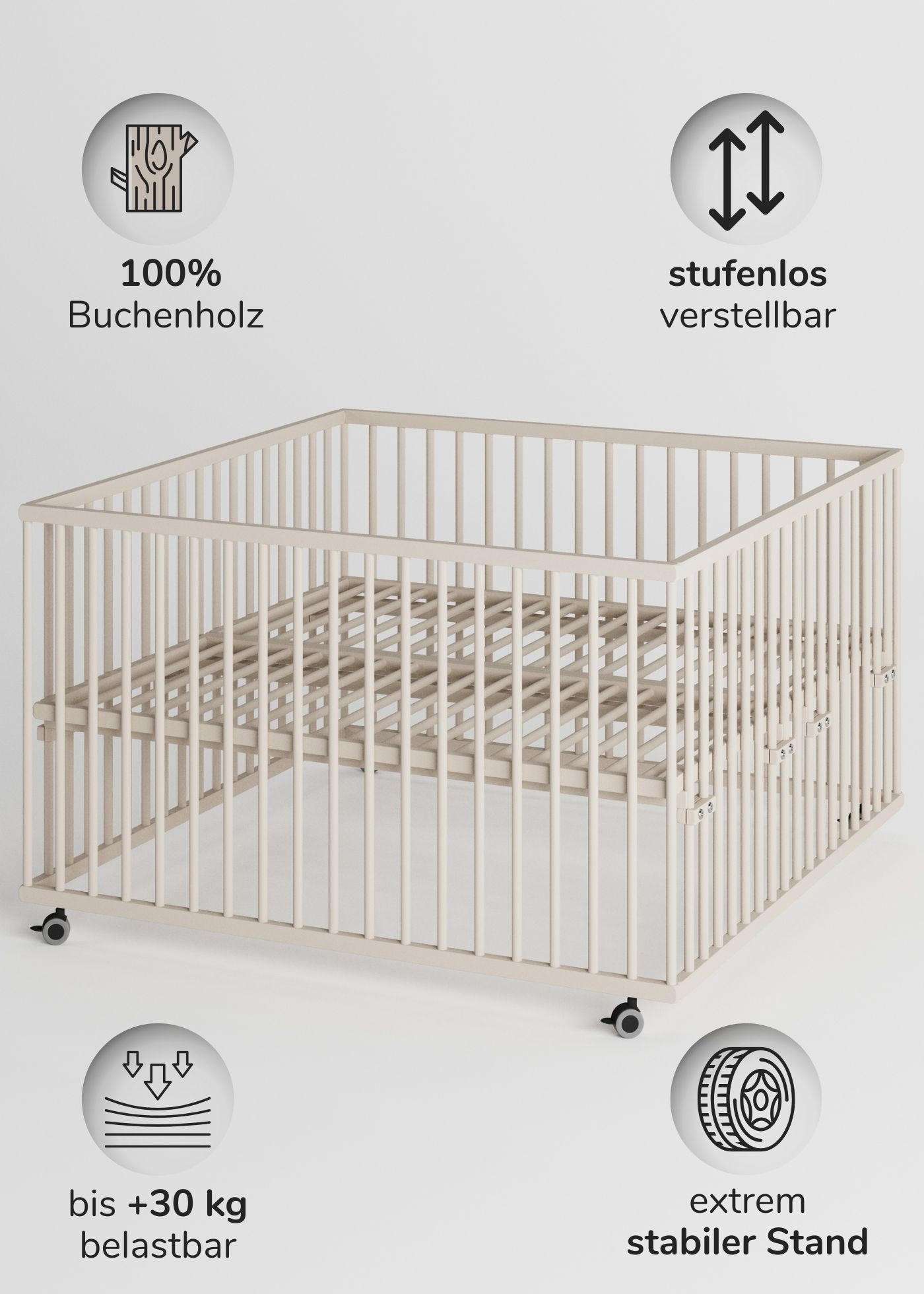 LAUFGITTER XXL 120x120 cm mit Lattenrost & Schlupfsprossen - sahara dust - Premium Kollektion - Sandfarben, Holz (120/74/120cm) - Sämann – make a difference.