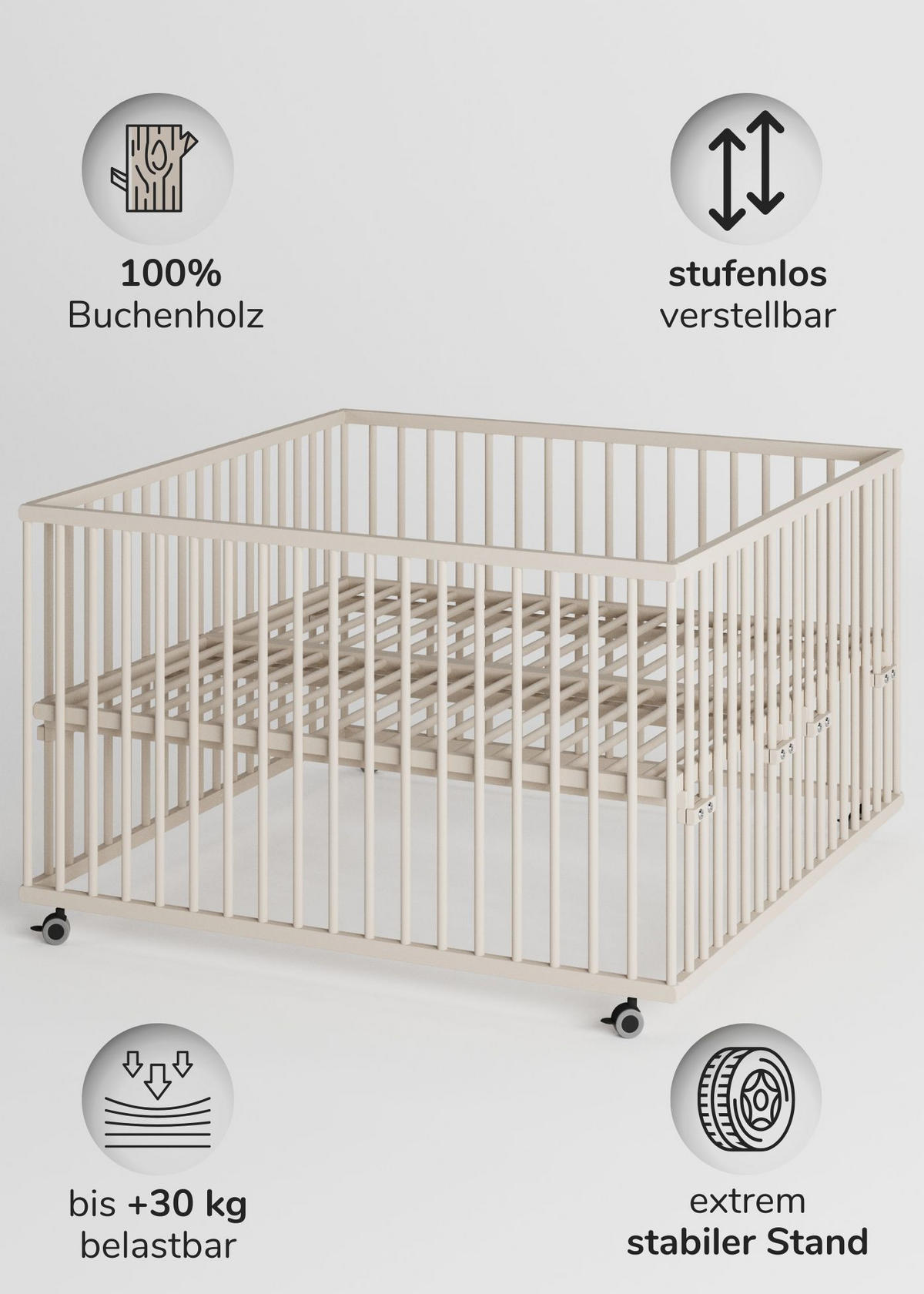 LAUFGITTER XXL 120x120 cm mit Matratze Cloud Air, Lattenrost & Schlupfsprossen - sahara dust - Premium Kollektion - Sandfarben, Holz (120/74/120cm) - Sämann – make a difference.