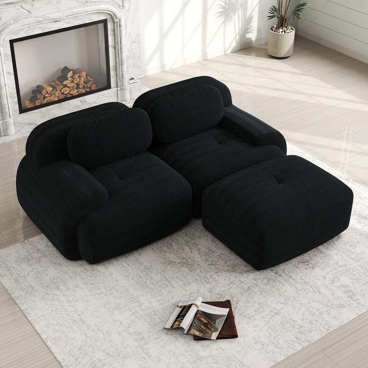 ECKSOFA in Schwarz aus Cord mit geschwungenen Armlehnen - Schwarz, Textil (178/208cm) - Flora Grace