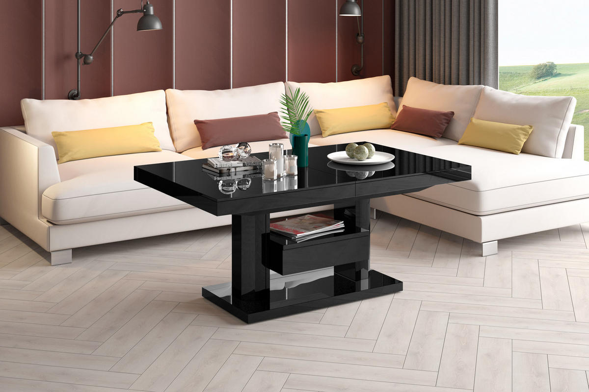 COUCHTISCH rechteckig höhenverstellbar ausziehbar Schublade 120/75/56 cm - Schwarz Hochglanz, Holzwerkstoff (75/120/56cm) - designimpex