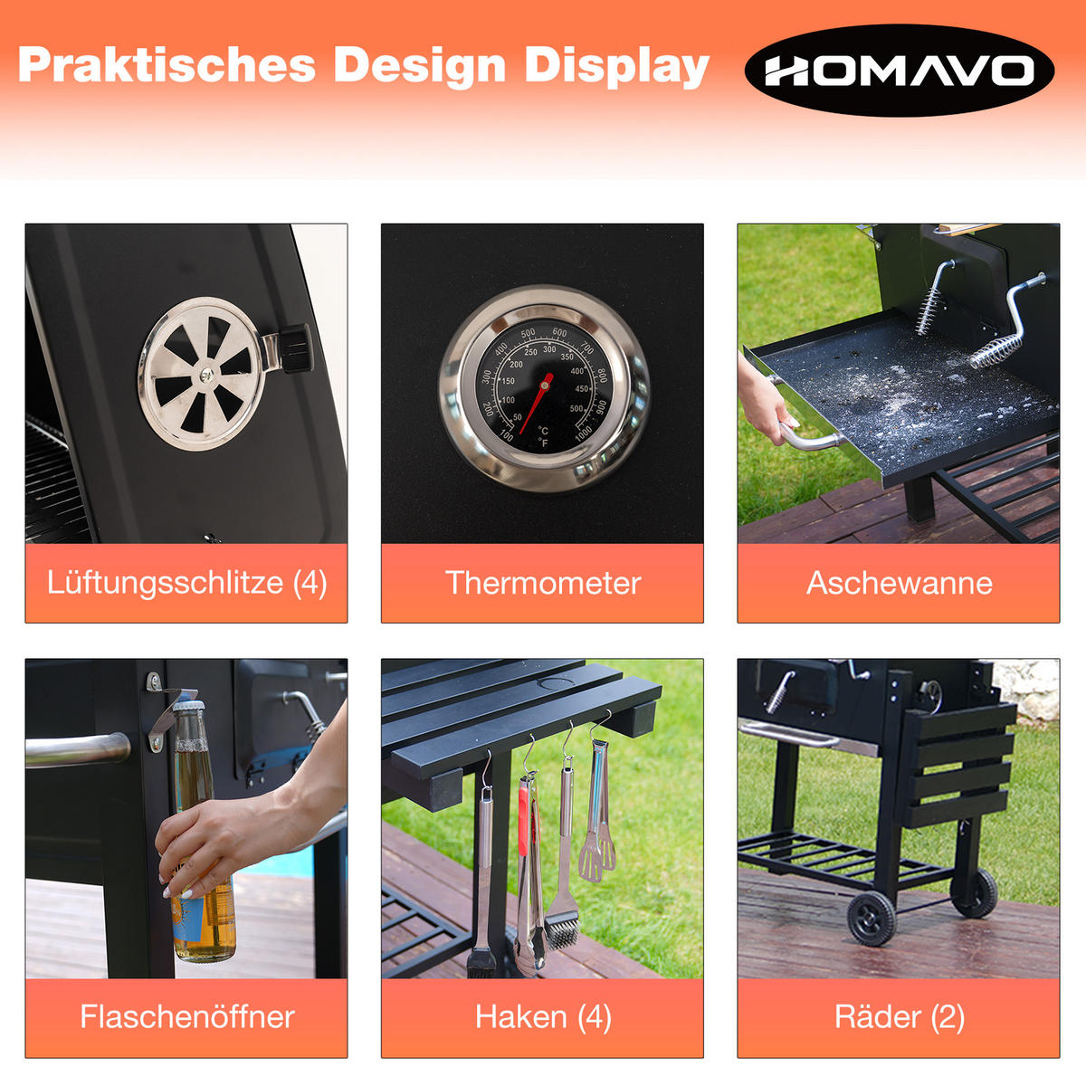 HOLZKOHLEGRILL mit Abdeckung - Schwarz, Metall (55/104/113cm) - HOMAVO