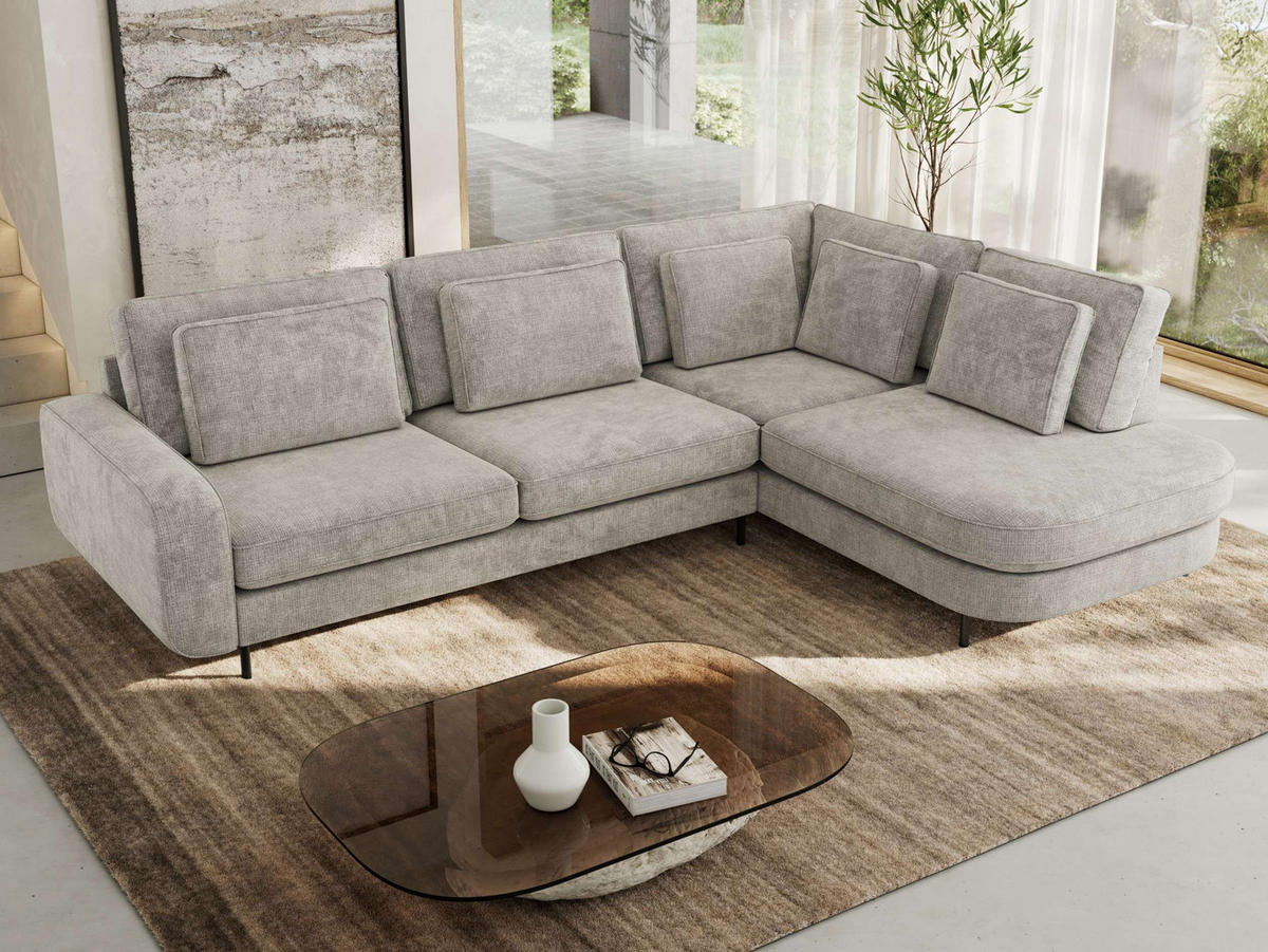 ROHOVÁ SEDAČKA CALENO L - Světle šedá hladký senil - Levá Strana - černá/světle šedá, kov/textil (317/225cm) - MKS