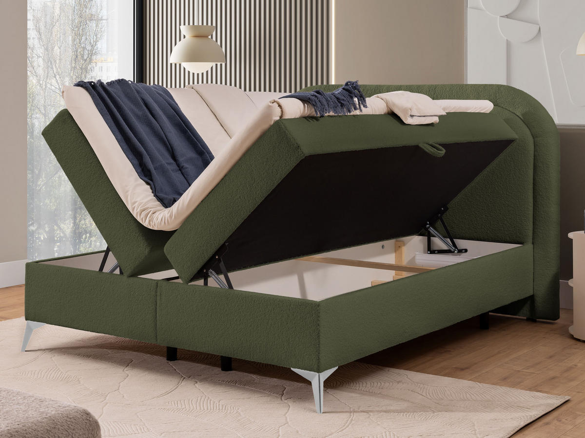 BOXBETT Sonna 180/200 cm Grün Bouclé-Stoff mit abgerundetem Kopfteil und mit silbernen Metallfüßen - Silberfarben/Grün, Holz/Textil (180/200cm) - S-Style Möbel