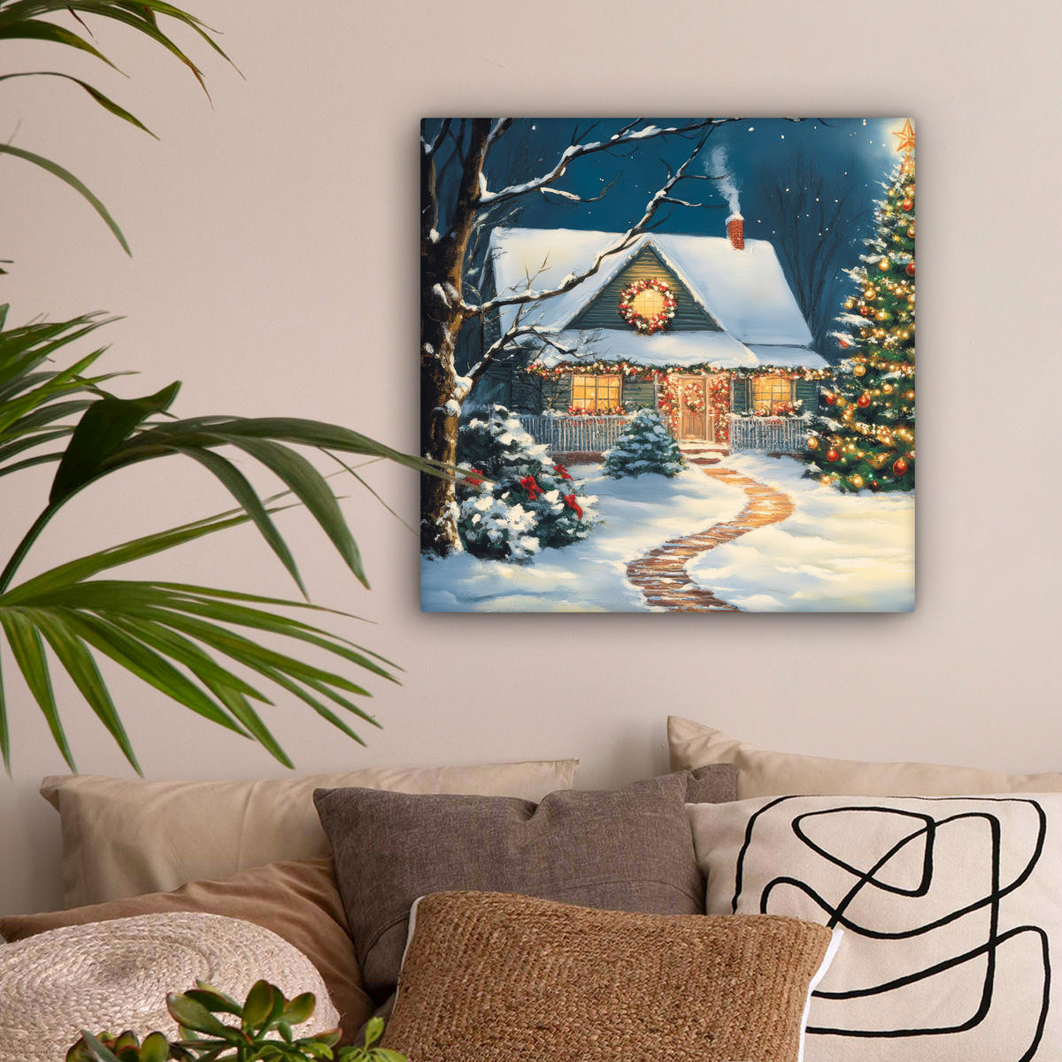 LEINWANDBILD Weihnachten - Weihnachtsbaum - Winter - Zuhause - Schnee Wandbild Wohnzimmer 50x50 cm - Smaragdgrün, Textil (50/50cm) - MuchoWow