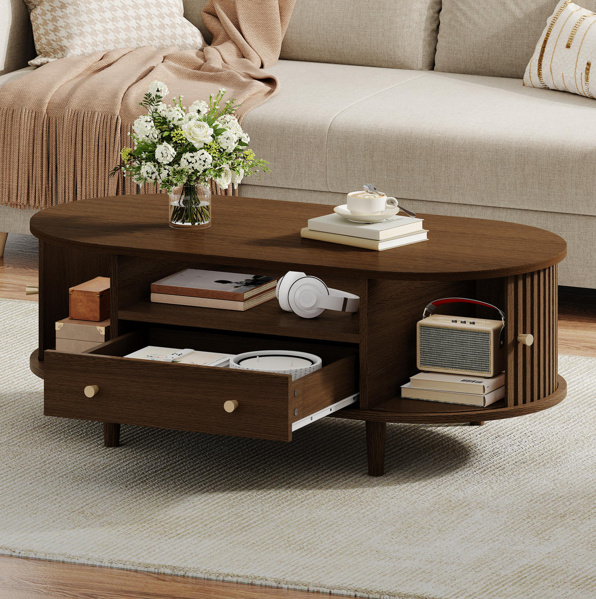 COUCHTISCH 100/50/36 cm mit Schublade, offener Ablage und Rolltür aus MDF, Walnuss - Nussbaumfarben, Holzwerkstoff (100/50/36cm) - Redom