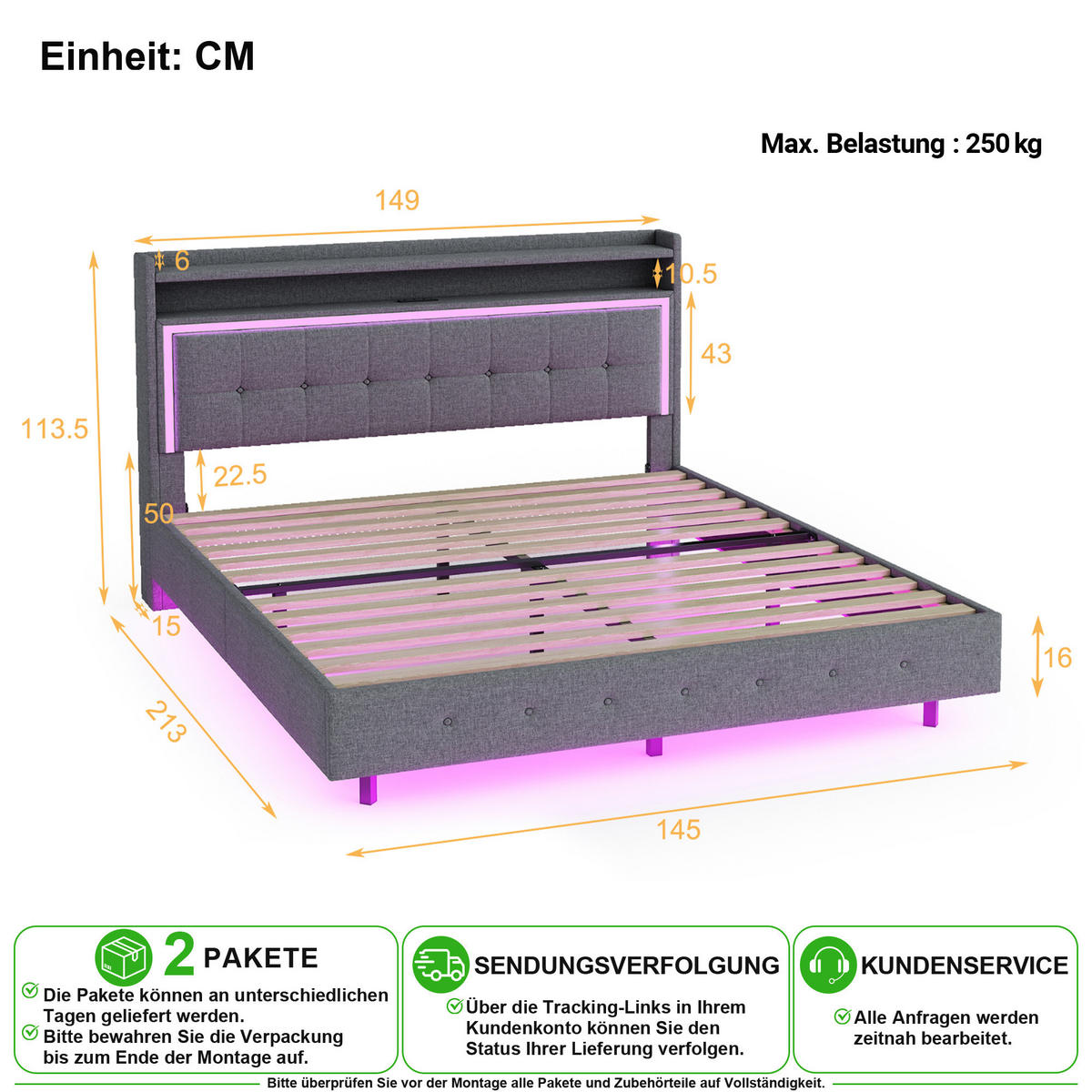 POLSTERBETT 140/200 cm in Grau Leinen mit LED und USB - Grau, Holzwerkstoff/Textil (140/200cm) - CHICFURN