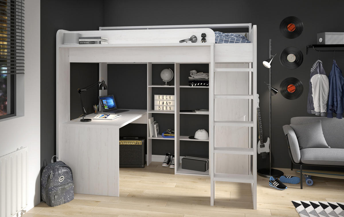 HOCHBETT Higher von Parisot Jugendbett 90 x 200 cm in Kiefer Hell komplett Set mit integriertem Schreibtisch und Kleiderschrank - Grau, Holzwerkstoff (90/200cm) - Calicosy