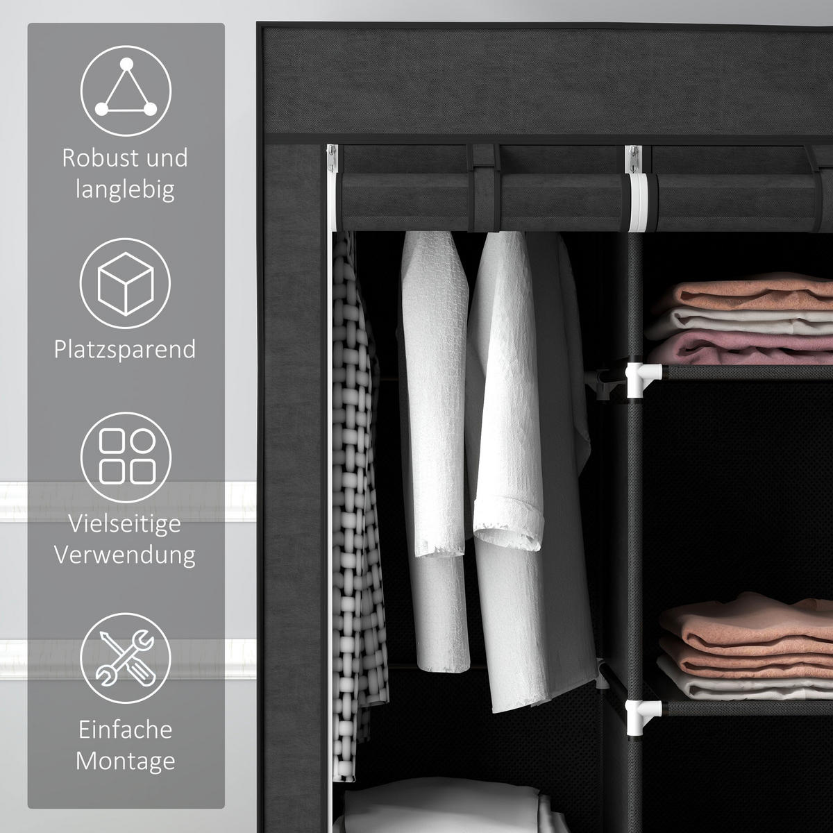 STOFFSCHRANK, Faltschrank, Kleiderschrank mit Kleiderstange, 8 Ebenen Schwarz - Schwarz, Metall (43/162.5/125cm) - HOMCOM