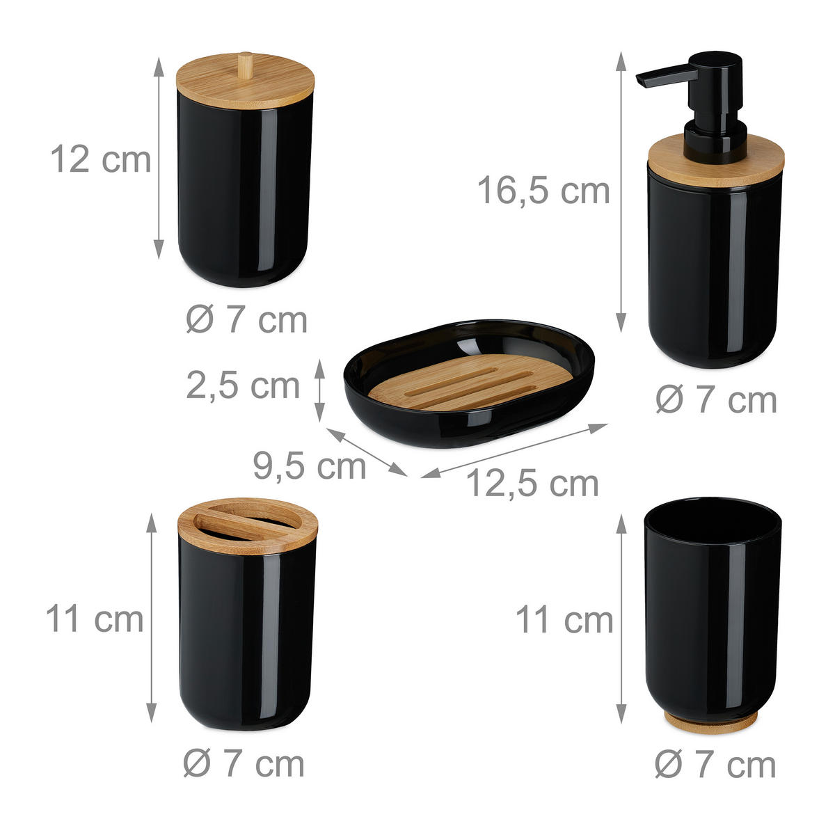 BADEZIMMER-SET 7-tlg. - Schwarz, Holz/Kunststoff (18/27/18cm) - Relaxdays
