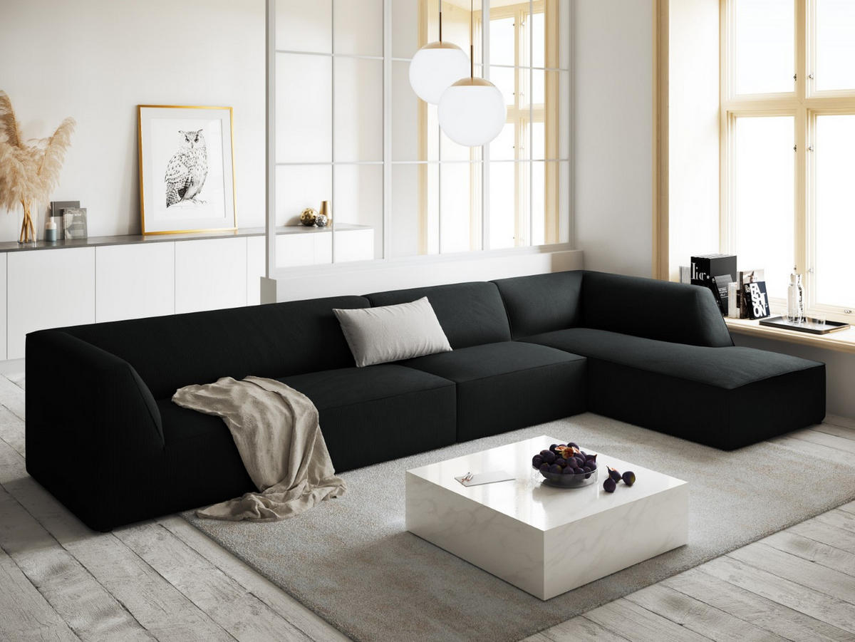 ECKSOFA rechts Ruby aus Cord schwarz 5 Sitzplätze - Schwarz, Textil (180/366cm) - Micadoni