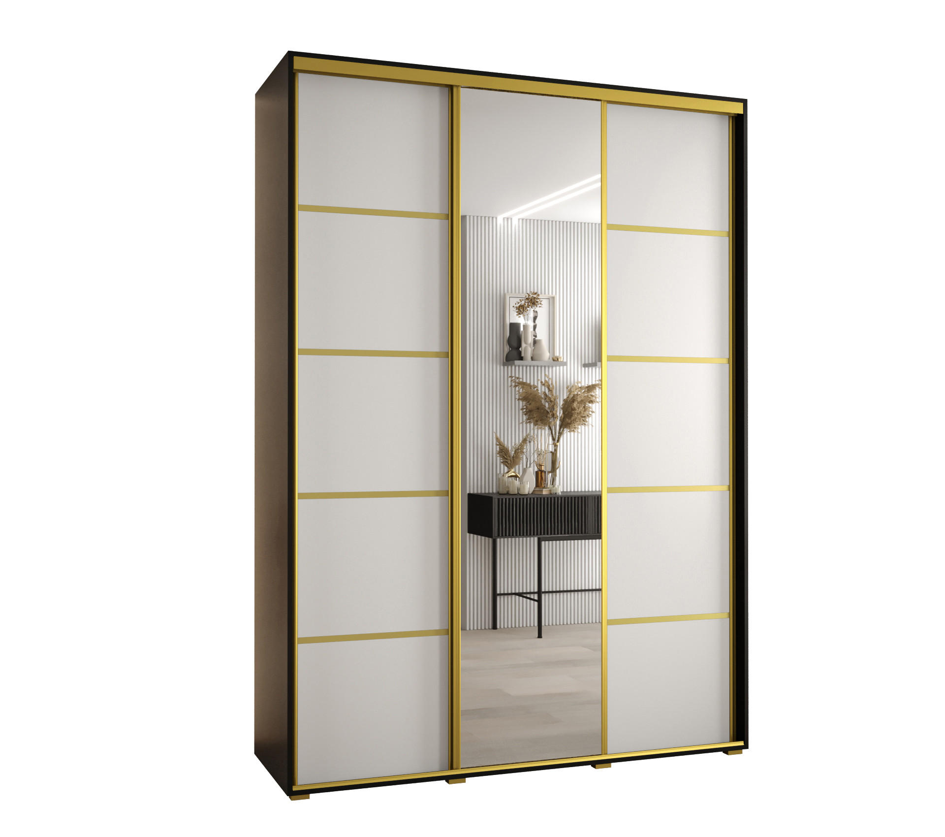 SCHWEBETÜRENSCHRANK 235,2/180/60 3-türig - Goldfarben/Schwarz, Holz/Metall (180/235/60cm) - Abiks Möbel
