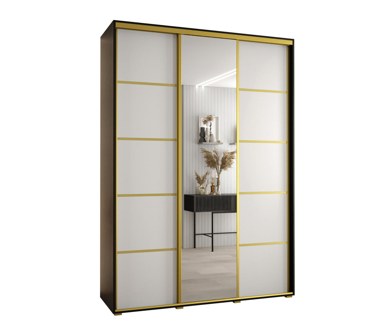 SCHWEBETÜRENSCHRANK 235,2/180/60 3-türig - Goldfarben/Schwarz, Holz/Metall (180/235/60cm) - Abiks Möbel