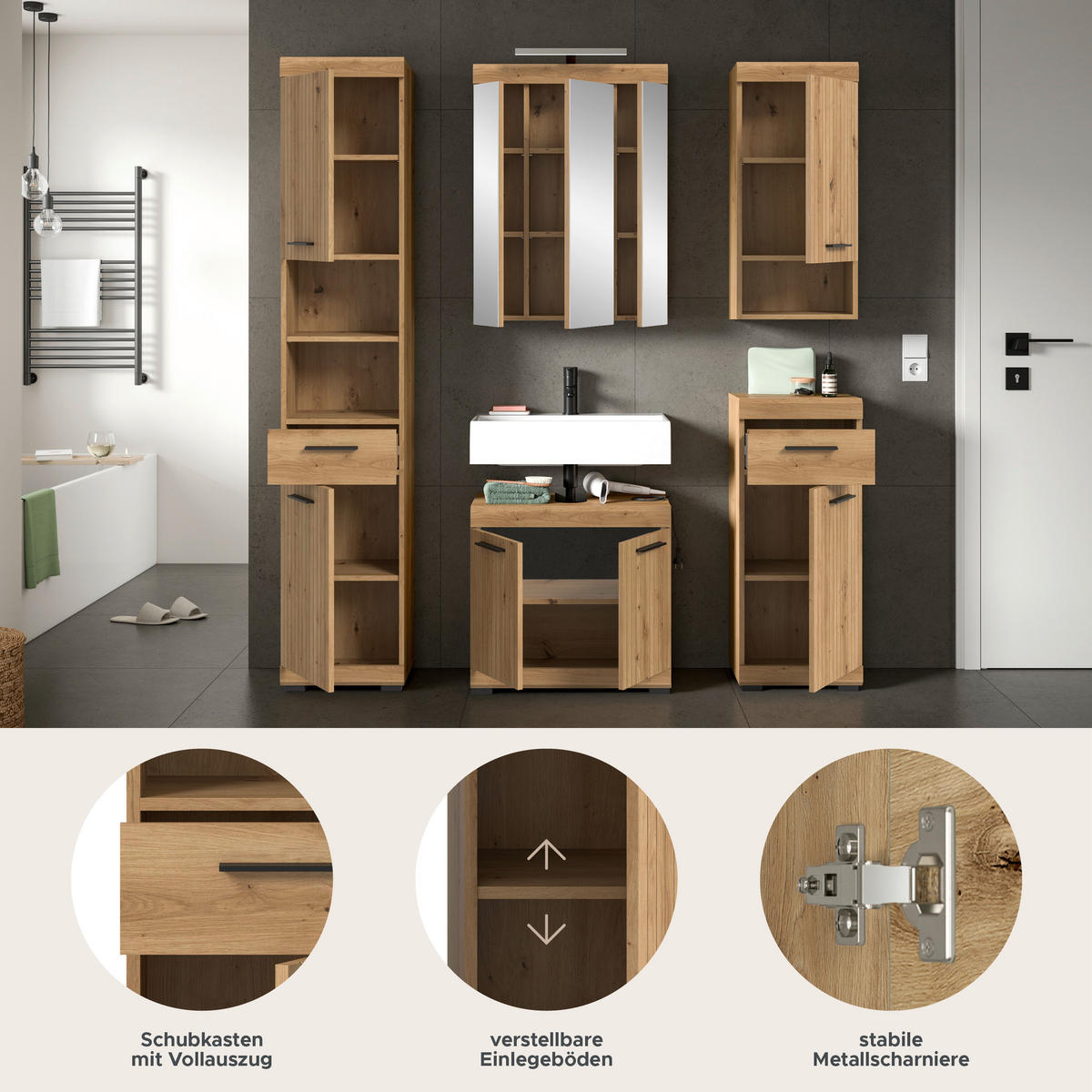 BAD-SET SCOUT 6-tlg. (B/H/T: ca. 164/191/34 cm) in Artisan Eiche Nachbildung/Artisan Eiche Nachbildung - Eiche Artisan, Holz (164/191/34cm) - Homes & Jones