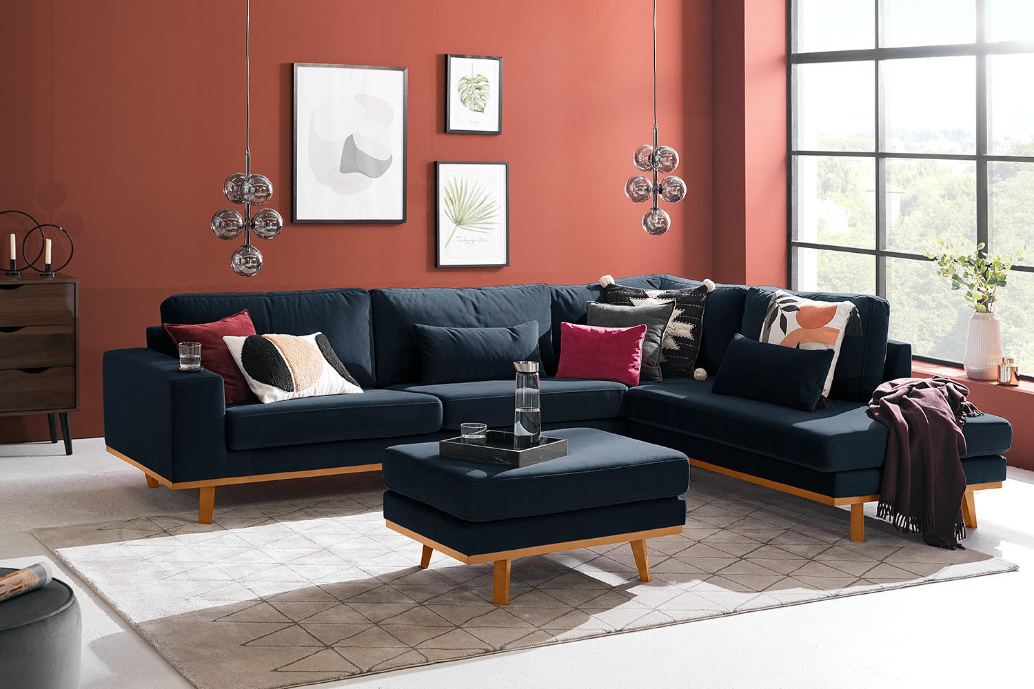 ECKSOFA mit Ottomane - Buchefarben/Dunkelblau, Textil (287/219cm) - home24