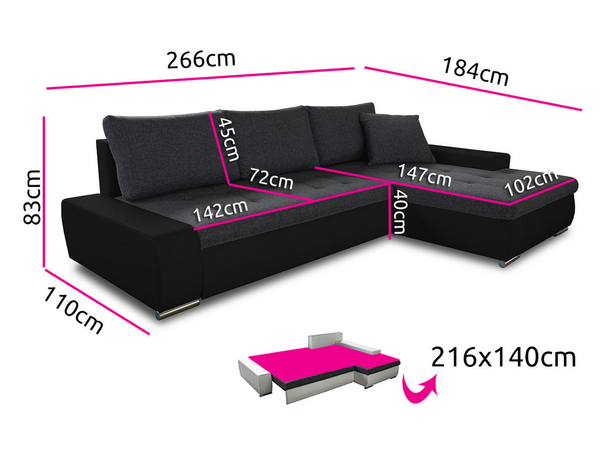 ECKSOFA Faris, Seite: Rechts - Dunkelgrau/Schwarz, Holz/Textil (266/184cm) - Sofnet