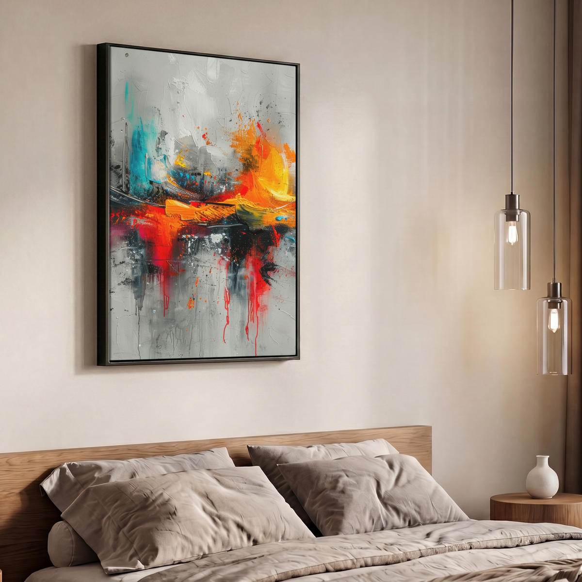 LEINWAND Bilder mit Rahmen - Moderne Kunst - Orange - Grau - Abstrakt - 70x100 - Hellgrau, Textil (70/100cm) - MuchoWow