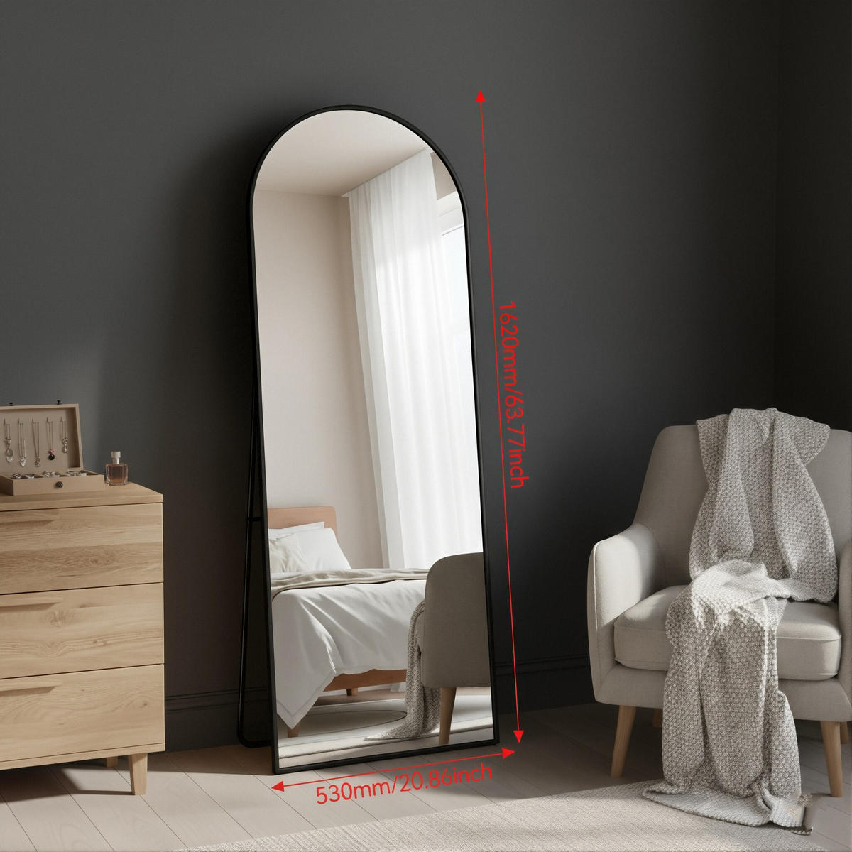 GANZKÖRPERSPIEGEL Bogen-Design mit U-Standfuß & Aluminiumrahmen 162/53 cm Schwarz - Schwarz, Glas/Metall (53/162/3cm) - Creahappy