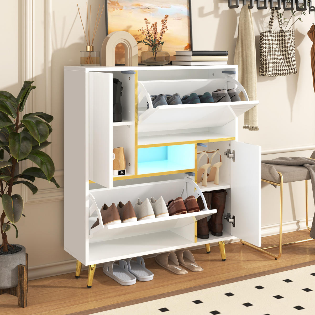 SCHUHSCHRANK 80x25x96 Weiß Hochglanz LED 16 Farben - Weiß, Holzwerkstoff (25/96/80cm) - FLIEKS