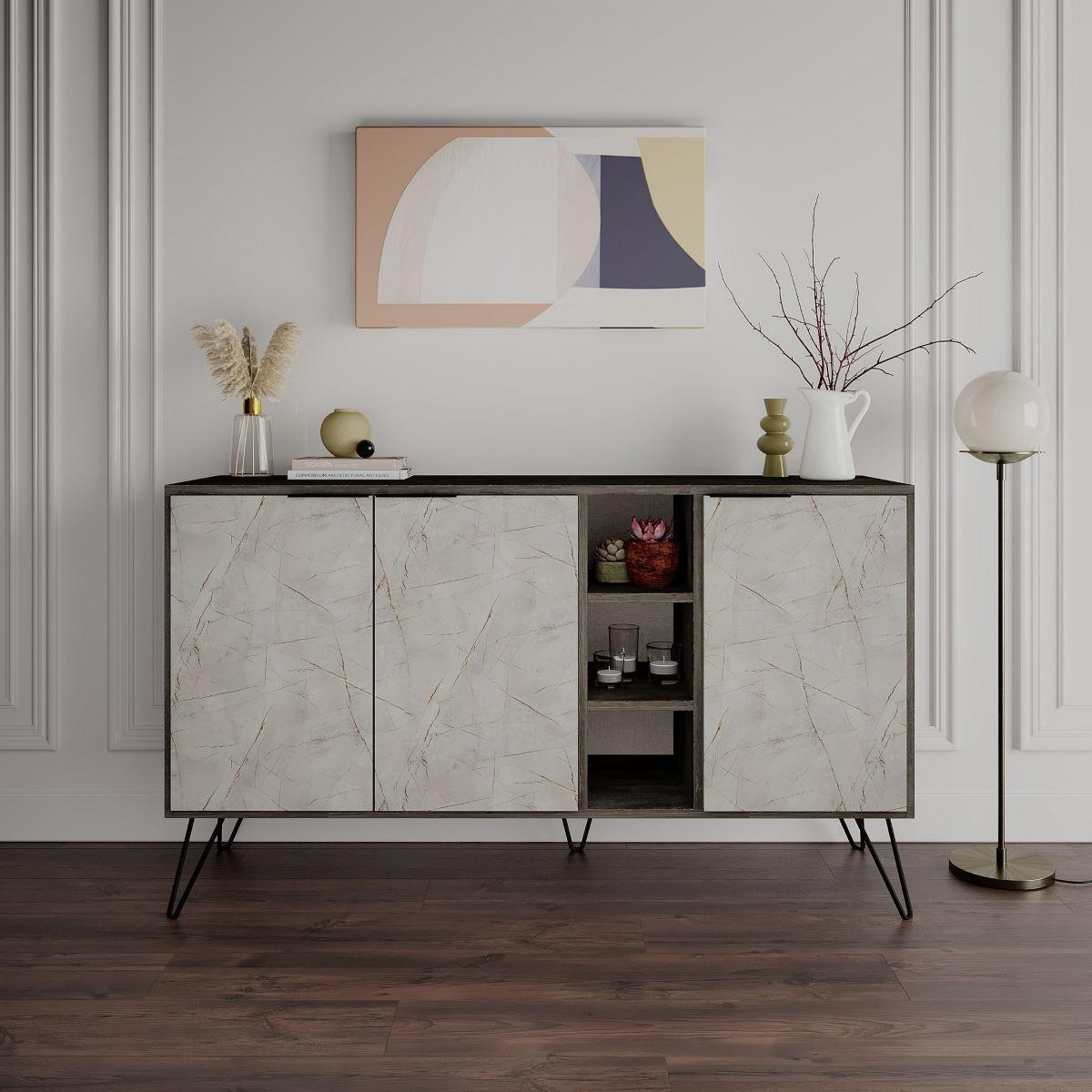 BUFFET 3 Nischen und 3 Türen L142 cm - Clara - Wildeiche, Holzwerkstoff (35.6/83/142cm) - Calicosy