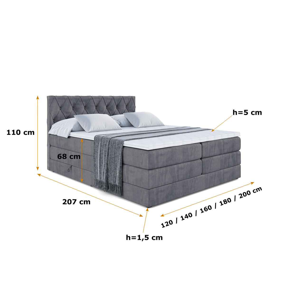BOXSPRINGBETT AMAY-BZ KING - 140 x 200 - H3/H4 - Dunkelgrau - Dunkelgrau, Holzwerkstoff (140/200cm) - ALTDECOR