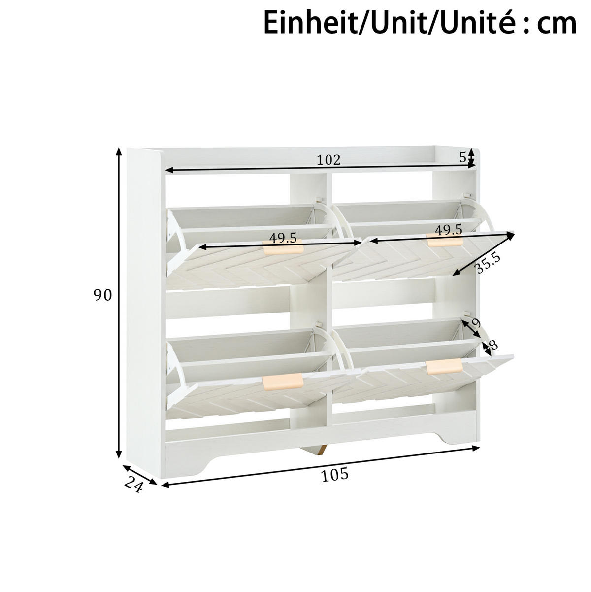 SCHUHSCHRANK 105/24/90 cm aus MDF mit 4 Klappfächern und Ablagefläche, 3D-Strukturfront, Weiß - Weiß, Holzwerkstoff (105/90/24cm) - Redom