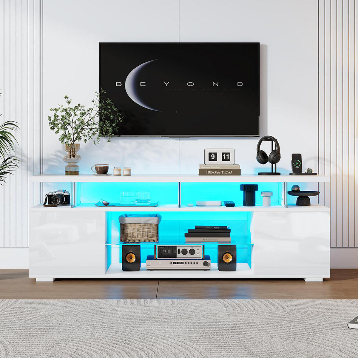 TV-STÄNDER mit LED-Beleuchtung in Reinweiß - Weiß, Holz (40/53/150cm) - KOMHTOM
