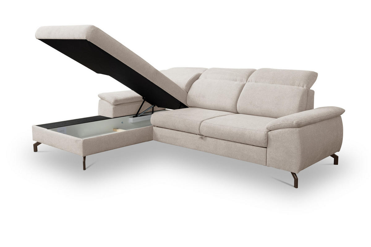 ECKSOFA MALIBU mit Schlaffunktion und Bettkasten, Farbe: Beige, Velourstoff, Ottomane Links - Beige, Textil (276/184cm) - VENASI MÖBEL