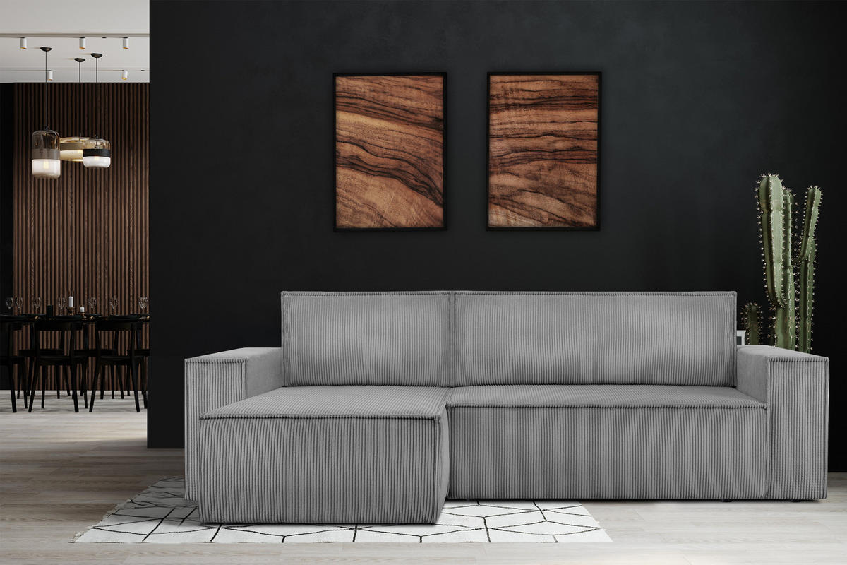 ECKSOFA-LINKS/RECHTS NAPI Schlaffunktion mit Cordbezug, hellgrau - Hellgrau/Schwarz, Textil (262/148cm) - KONSIMO®