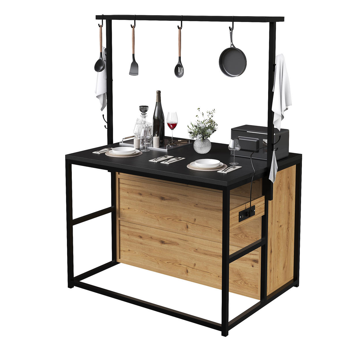 KÜCHENINSEL Schrank Arbeitsplatte Stromanschluss Schwarz - Naturfarben, Metall (107/183/62cm) - FLIEKS