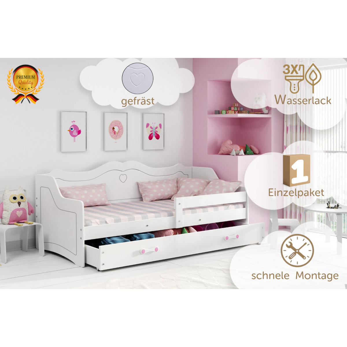 KINDERBETT Julia 160x80cm mit Schublade und Lattenrost - Weiß, Holzwerkstoff (80/160cm) - Interbeds