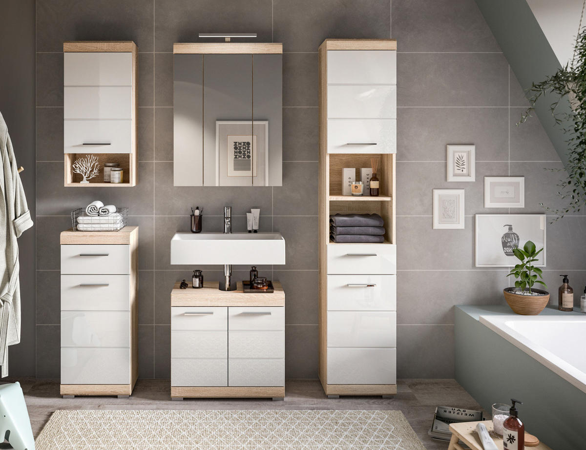 BADMÖBEL-SET 5-teilig weiß Hochglanz, Eiche 164 cm, viel Stauraum - Weiß Hochglanz/Eichefarben, Holzwerkstoff (164/191/34cm) - Inn.Furn