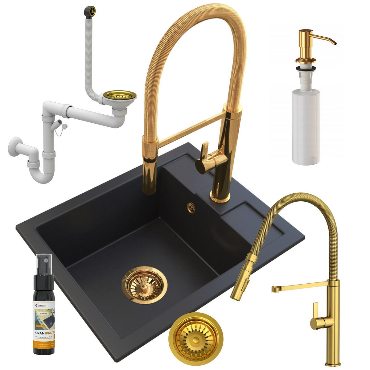 SPÜLBECKEN Best mit Batterie Siphon - Schwarz, Kunststoff/Stein (50/40/18cm) - Granitan