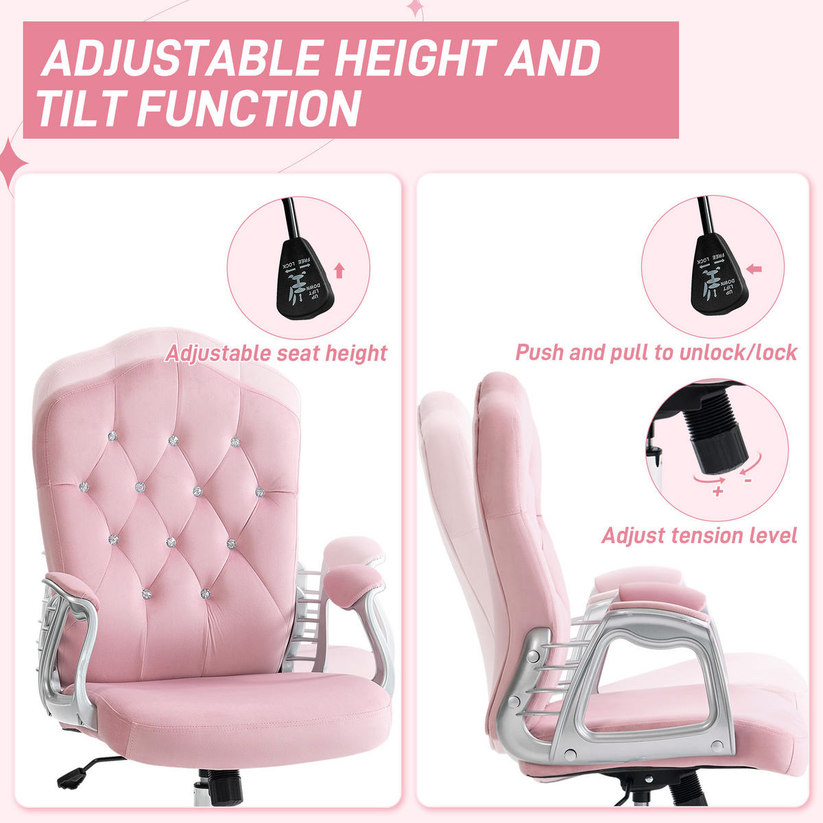 BÜROSTUHL Ergonomisch Schreibtischstuhl mit Wippfunktion für Home Office, Rosa - Rosa, Kunststoff (61/114/61cm) - Vinsetto