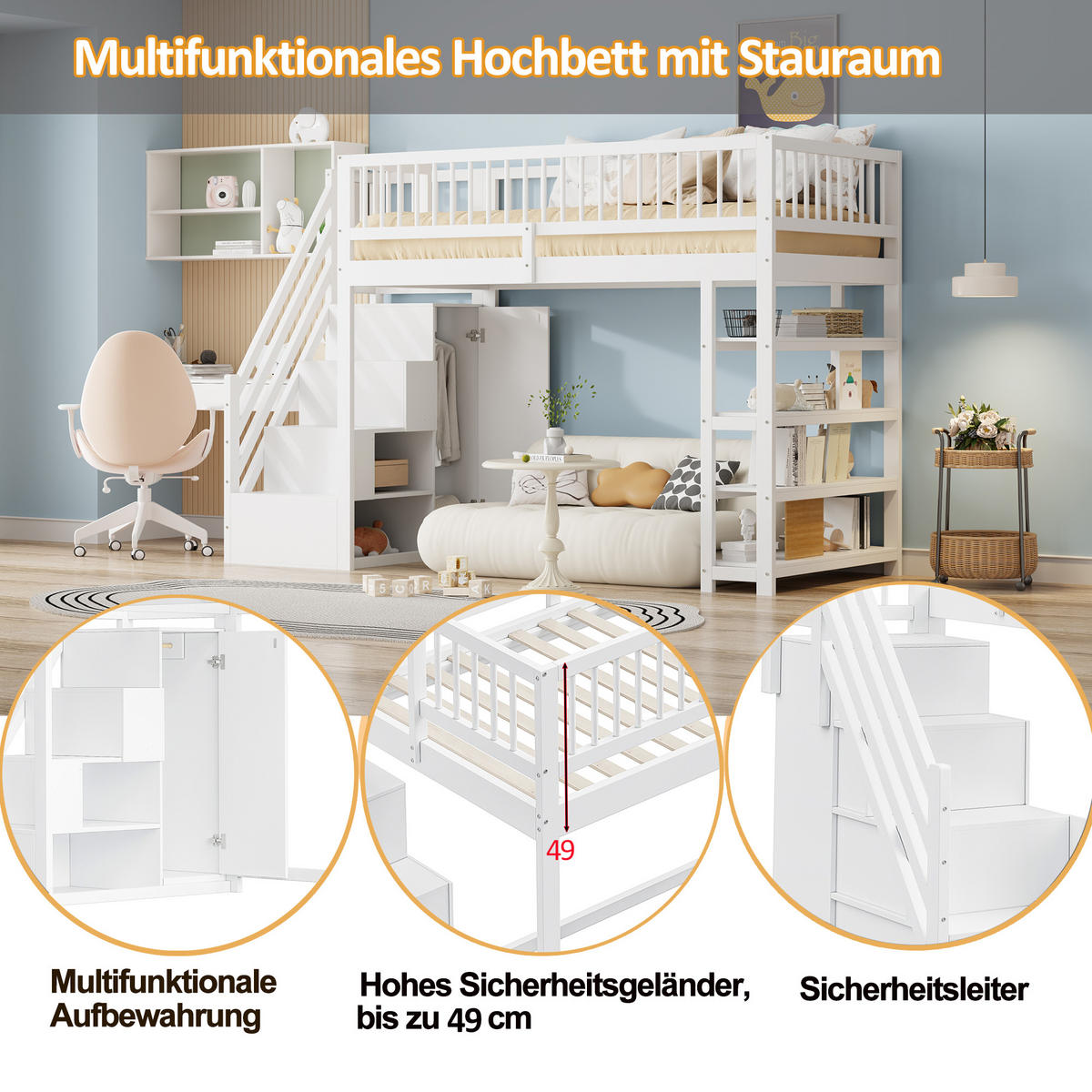 HOCHBETT 90x200 Massivholz Kleiderschrank Regale Stauraum Weiß - Weiß, Holzwerkstoff - FLIEKS