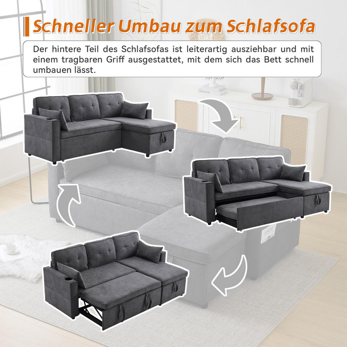 SOFA L-Form Schlaffunktion Stauraum Getränkehalter Austauschbar Modern - Grau, Holz (74/44/62cm) - FLIEKS