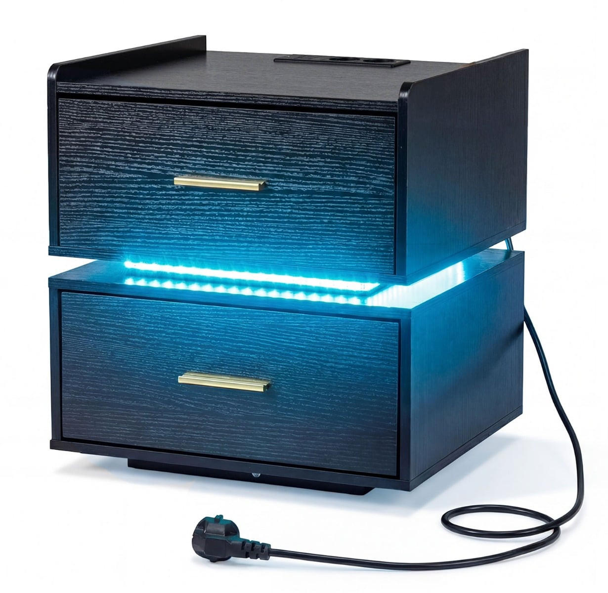 NACHTTISCH mit LED-Ladestation, 2 Schubladen, halb-schwebendes Design, Metallfuß, Schwarz/Weiß - Multicolor/Schwarz, Holzwerkstoff/Metall (45/48/40cm) - DESIGN IN