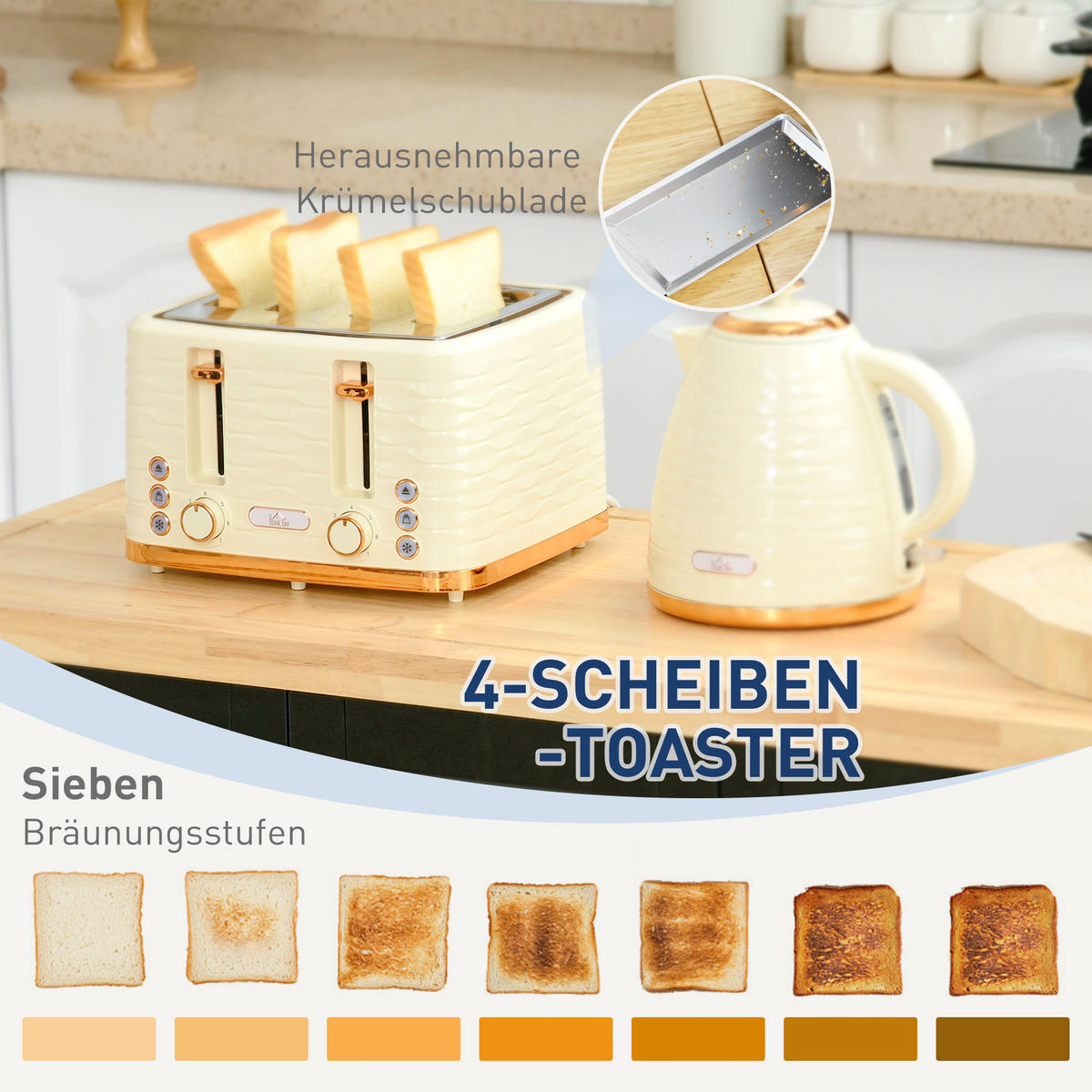 WASSERKOCHER-TOASTER-SET mit 1,7 L Wasserkocher, 4 Scheiben-Toaster, Beige - Beige, Kunststoff (19.5/23.2/24.1cm) - HOMCOM