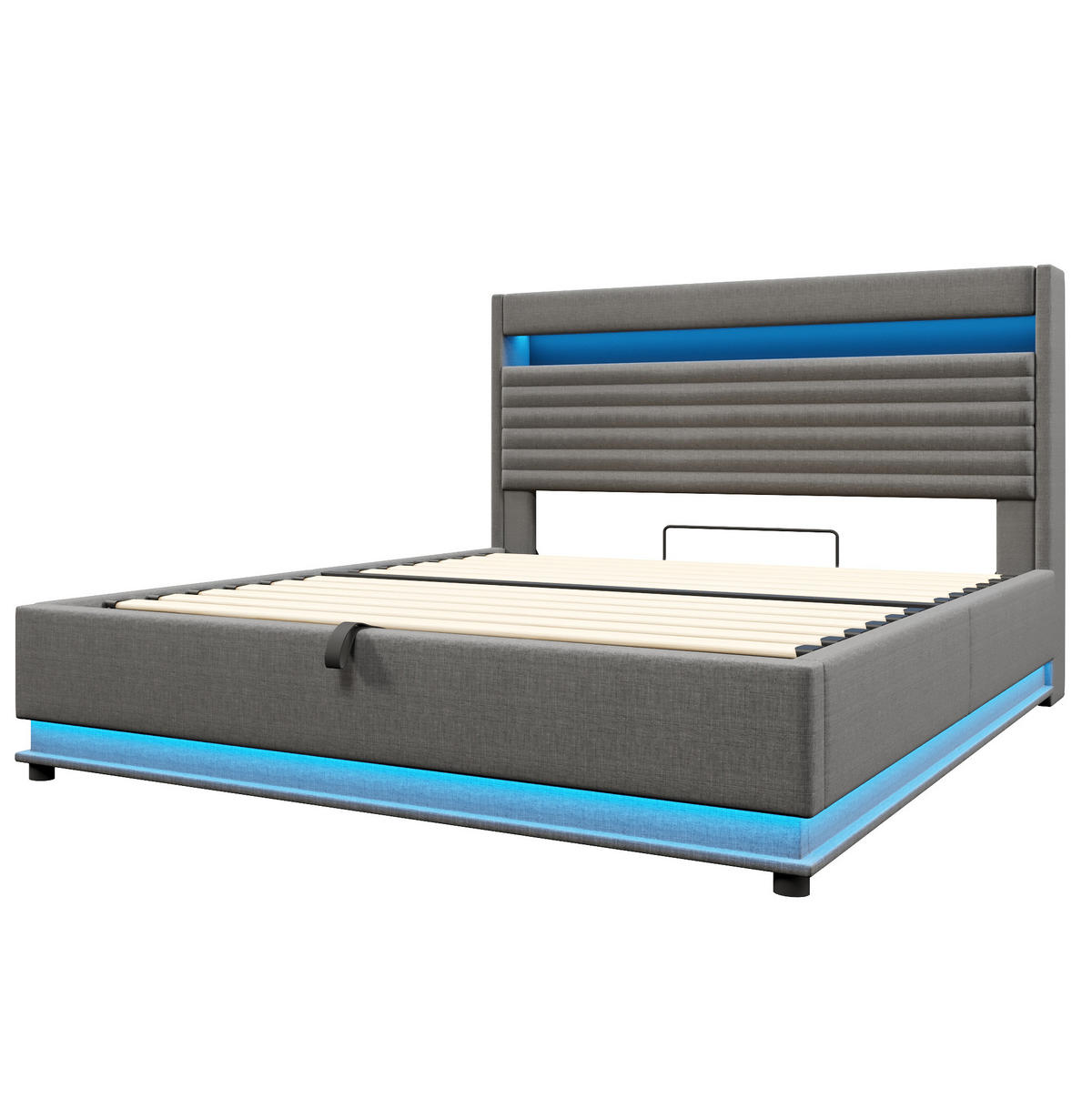 POLSTERBETT 180/200 cm Grau mit LED-Beleuchtung, USB- und Typ-C-Anschluss, hydraulischem Stauraum und Leinenbezug - Grau, Textil (180/200cm) - OKMYHOME