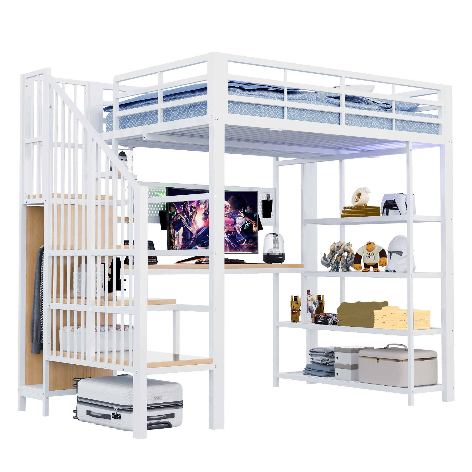 HOCHBETT 140/200 cm in Weiß mit Treppe, LED, Steckdosen und Regal - Weiß, Holzwerkstoff/Metall (140/200cm) - CHICFURN