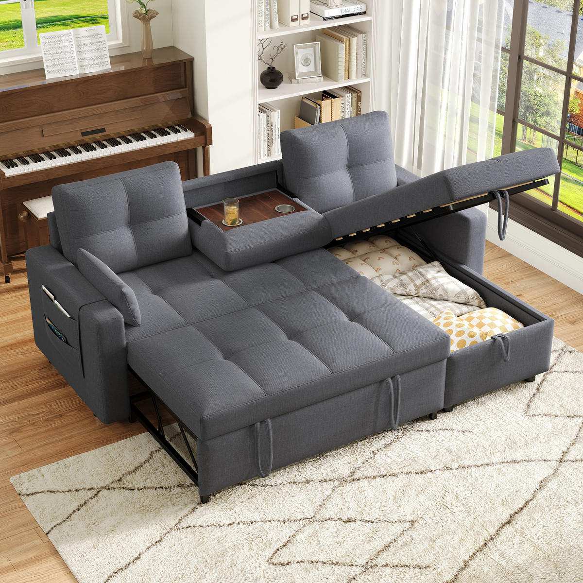 ECKSCHLAFSOFA Leinen Grau mit Stauraum, Schlaffunktion und Getränkehalter - Grau, Holzwerkstoff/Kunststoff (211/136cm) - WISHDOR